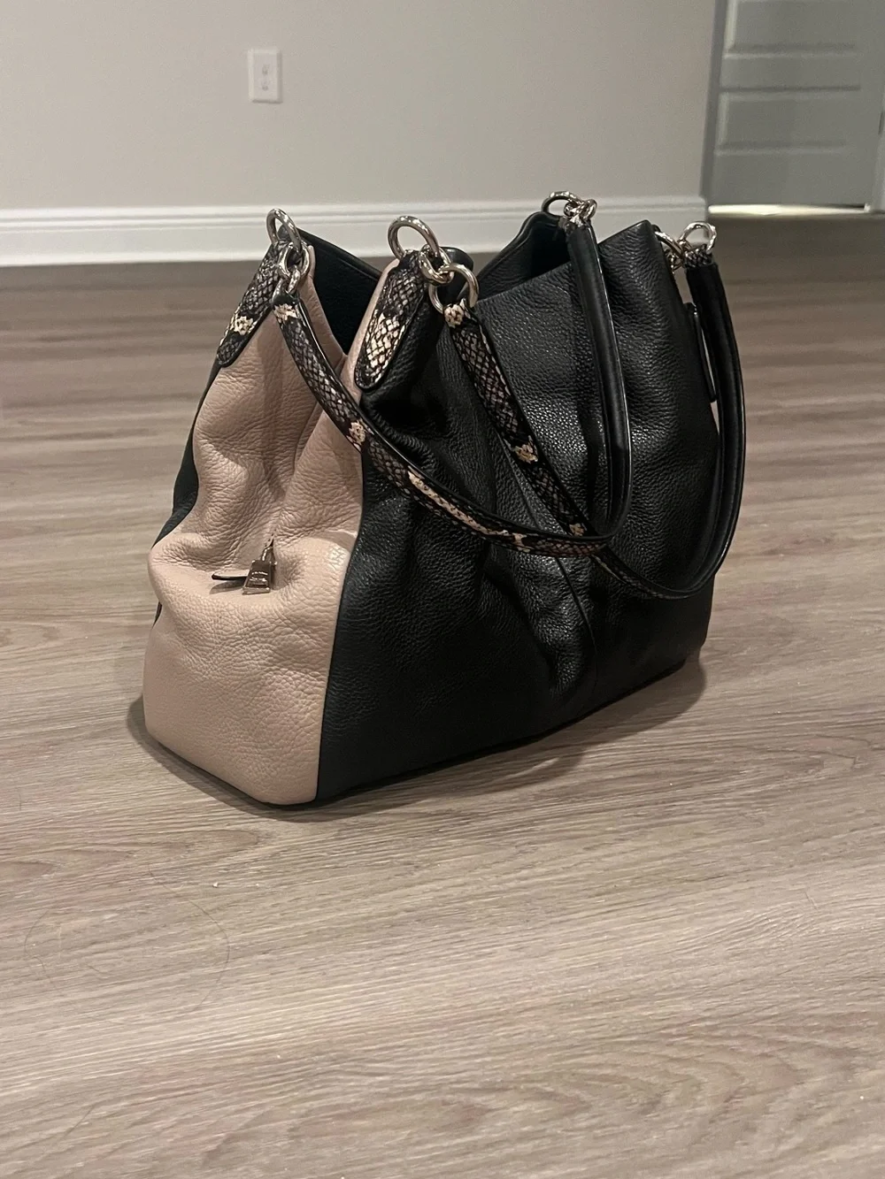 Coach Phoebe Colorblock Leather Shoulder Bag Python Trim F38251 Black Taupe